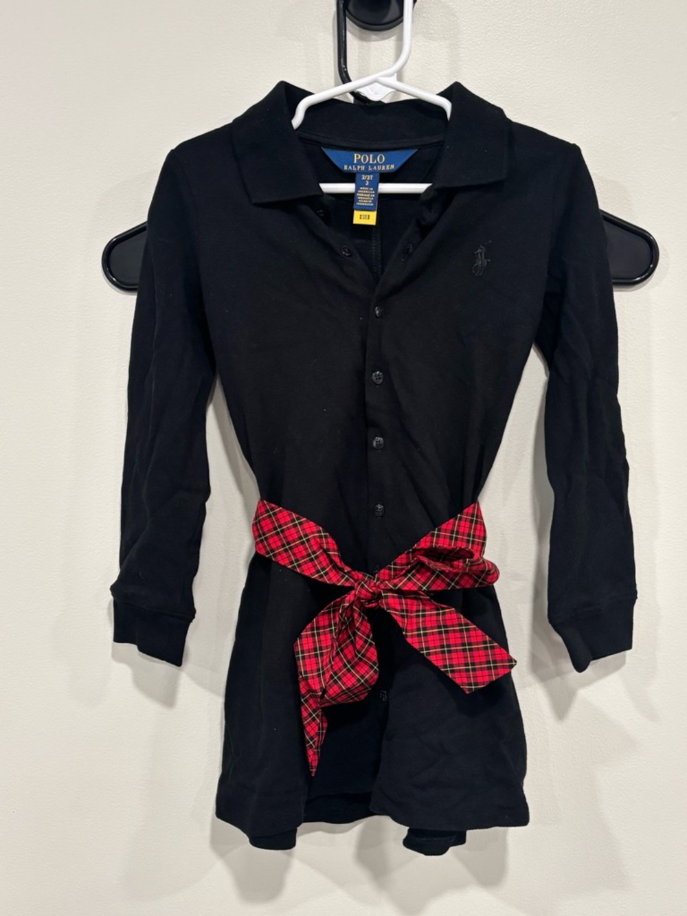 Polo by Ralph Lauren Girl Black Long-Sleeve Polo Shirt Dress with Red Plaid Sash